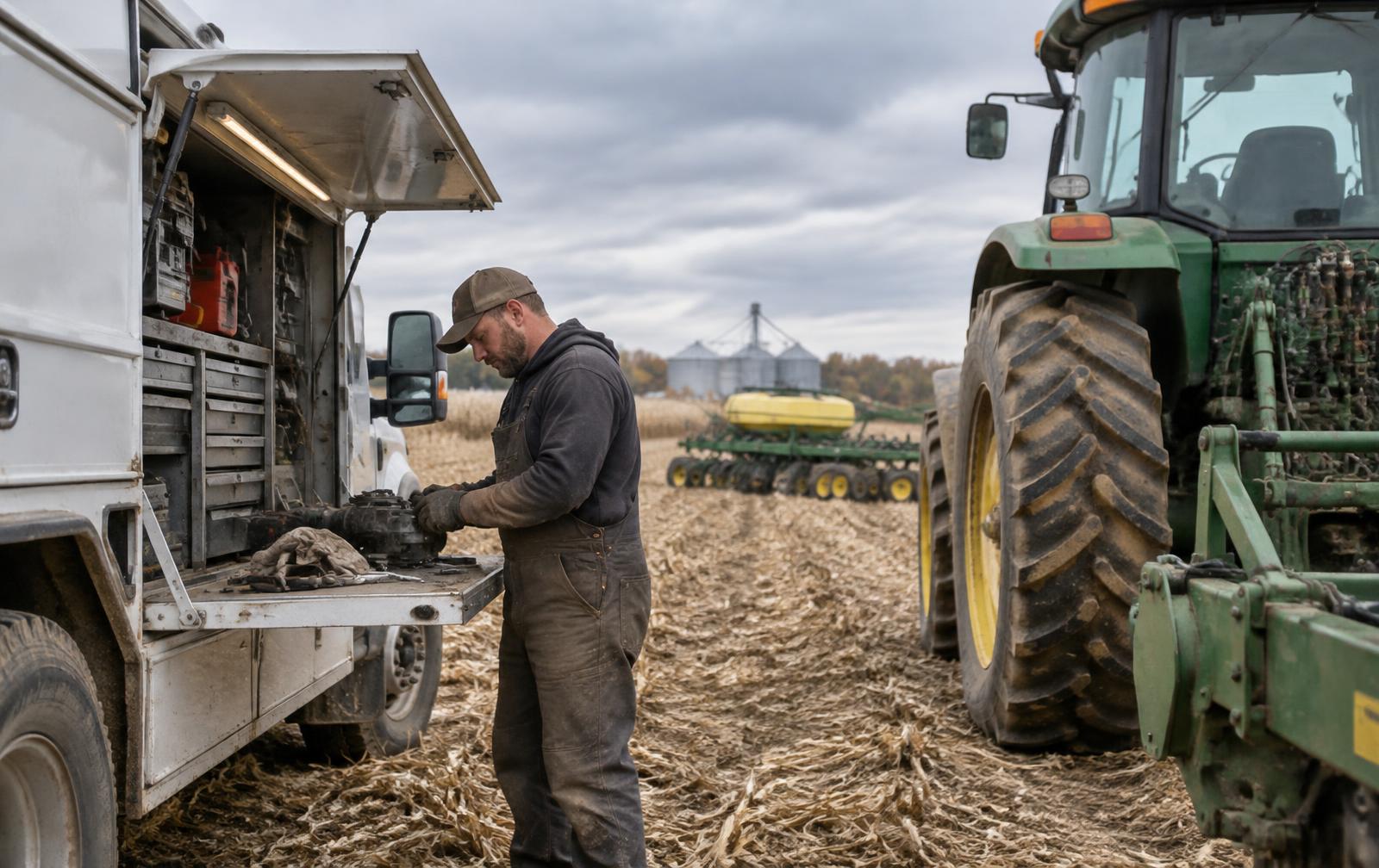 Agricultural field service beside a tractor